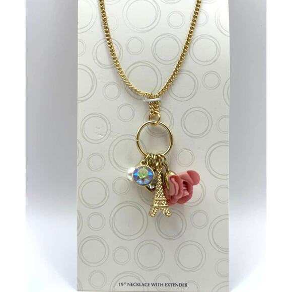 Wonder Nation Eiffel Tower & Pink Flower Pendant w/ Heart Drop Earrings Set NEW - Picture 2 of 12